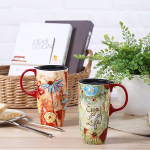 CEDAR HOME Travel Coffee Ceramic Mug Porcelain Latte Tea Cup With Lid in Box 17oz., Flower Enjoy Life, 2 Pack