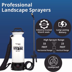 Sprayers Plus YT25E Battery Sprayer – 12V Lithium-ion with Viton Seals & O-Ring, Brass Wand & Nozzle & Shoulder Strap, 2 Gallon