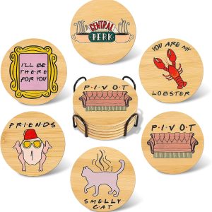 Puluole Friends Coasters for Drinks,Friends TV Show Merchandise,Funny Coasters Set with Coaster Holder,Bamboo Coasters for Coffee Table,Friends TV Show Gifts(6 PCS)