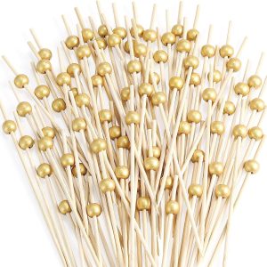 200 Pcs Cocktail Picks, 4.7 Inch Toothpicks for Appetizers, Bamboo Cocktail Sticks Skewers for Drinks, Desserts, Charcuterie, Wedding Party Fancy Toothpicks, Gold Pearl Mini Food Picks Decorative