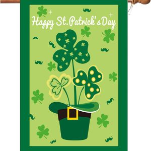 St Patrick’s Day Flag,Shamrock/Hat St Patricks Flag 28 x 40 Inch Double-Sided Display with 2 Grommets Double Thickness House Flag for Garden and Home Decorations
