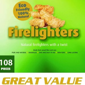 100% Natural Fire Starter, 108 Count Wood Firelighter, Wood Wool Fuel for Fireplace, Campfire, Wood Stove, Fire Pit, Charcoal Grill, BBQ Smoker