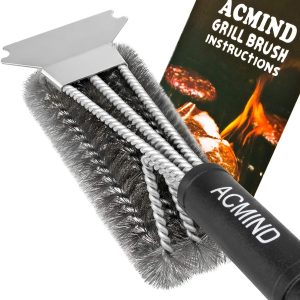 Acmind Grill Brush and Scraper, 18″ BBQ Brush Cleaner, Safe 3 in 1 Stainless Steel Woven Wire Bristles Barbecue Cleaning Brush for Charcoal Grill, Durable & Effective, White