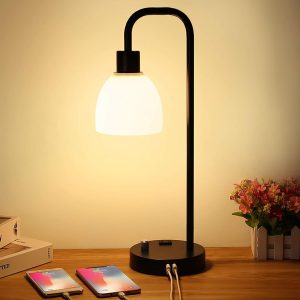 Zermurd Industrial Table Lamp, Stepless Dimmable Modern Bedside Lamp with Two USB Ports and AC Outlet Opal Glass Shade Black Vintage Nightstand Lamp for Bedroom Living Room Office, 7W Bulb Included
