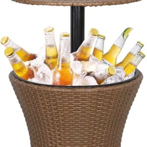 Super Deal Cool Bar Cooler Table Rattan Style Height Adjustable 3in1 Wicker Bar Table Ice Bucket Cocktail Coffee Table All-Weather for Patio Party Deck Pool Use, Brown