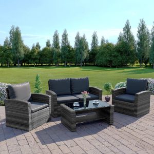 U-Kiss 4 Seater Garden Rattan Furniture Sofa Armchair Set with Coffee Table Wicker Weave Conservatory