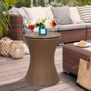 Super Deal Cool Bar Cooler Table Rattan Style Height Adjustable 3in1 Wicker Bar Table Ice Bucket Cocktail Coffee Table All-Weather for Patio Party Deck Pool Use, Brown