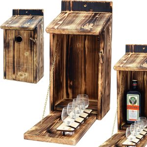 Alcohol Cage-Wooden Bird House with Space for a Bottle of Spirits and Glass, Garden, Twitter Box with Mini bar, Funny Birthday Gift for Men,