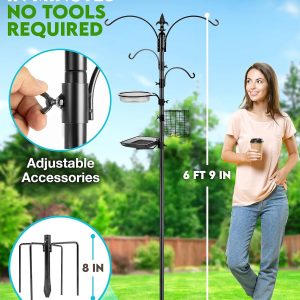 Bird Feeder Stand for Outside, 4-Hooks, 91″ Bird Feeder Station, Multi Bird Feeder Pole Stand Kit with Bird Bath, Mesh Tray & Suet Cage for Wild Birds, Plant Hanger, 5-Prong Base