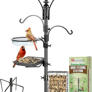 Bird Feeder Stand for Outside, 4-Hooks, 91″ Bird Feeder Station, Multi Bird Feeder Pole Stand Kit with Bird Bath, Mesh Tray & Suet Cage for Wild Birds, Plant Hanger, 5-Prong Base