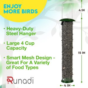Runadi Premium Steel Sunflower Seed Feeder and Peanut Feeder, 15″ Tall, Wild Bird Feeder for Woodpeckers, Titmice, Nuthatches, Chickadees, Jays and More!